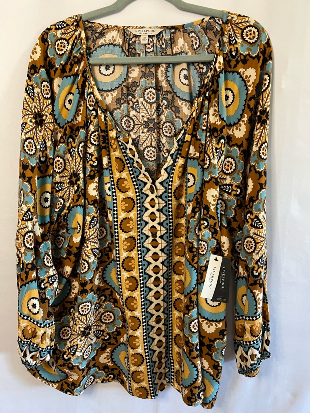 Liverpool Los Angeles NWT Blouse 3X Boho Floral Medallion Peasant Top